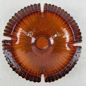 Vintage 1962 Blenko 624 Amber Ribbed Sunburst Ashtray 9" Wayne Husted Era
